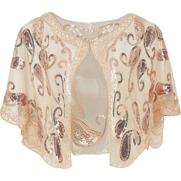 🆕 Women Cream Sequin Beaded Evening Cape Bridal Shawl Bolero Flapper Cover Up - Picture 1 of 6